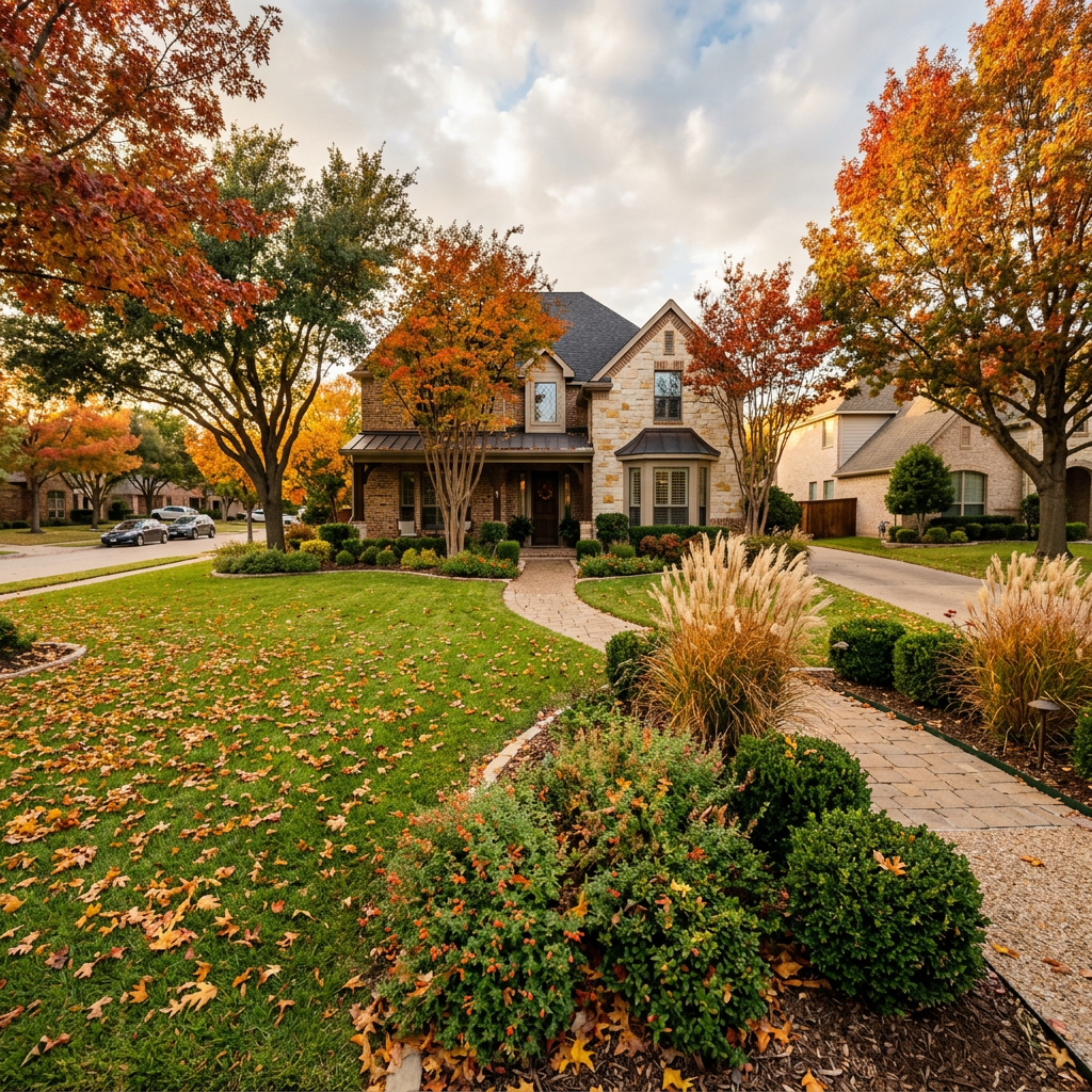 Stone-and-brick suburban home surrounded by colorful autumn trees and landscaped gardens